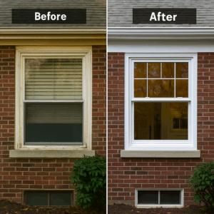 Side-by-side comparison of a Chicago brick home showing a window replacement — the left side has an old, worn window, while the right shows a new, modern white-framed window with clear glass by Midwest Windows, Siding & Doors