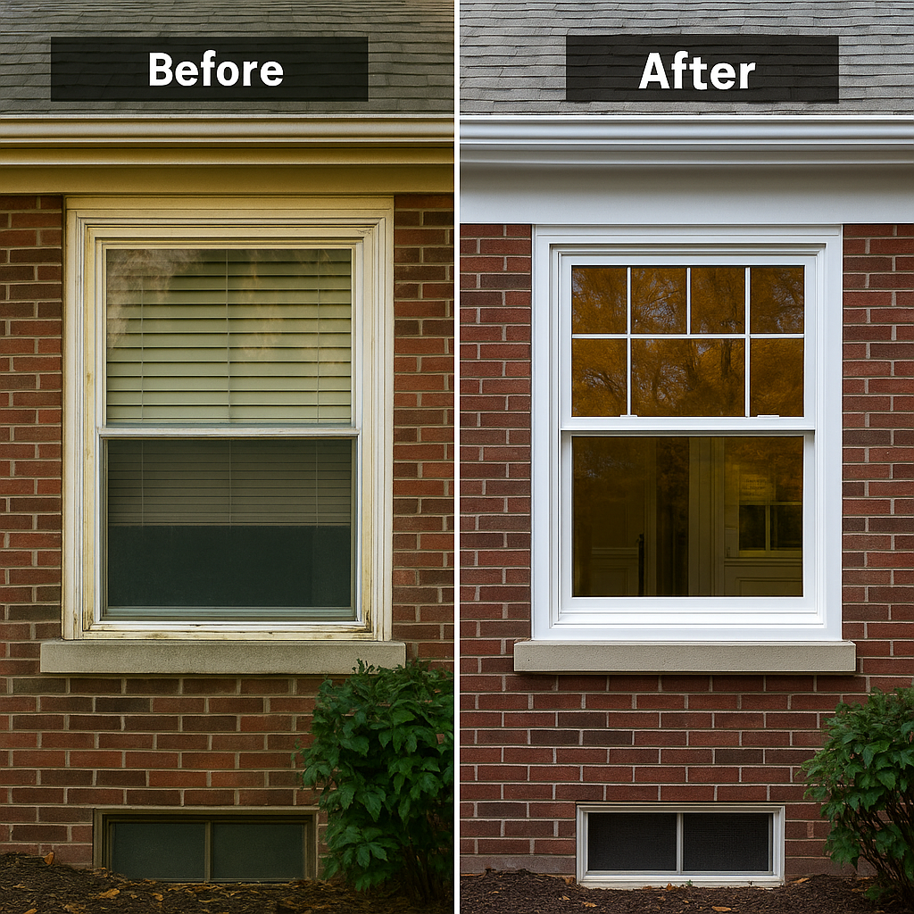 Side-by-side comparison of a Chicago brick home showing a window replacement — the left side has an old, worn window, while the right shows a new, modern white-framed window with clear glass by Midwest Windows, Siding & Doors