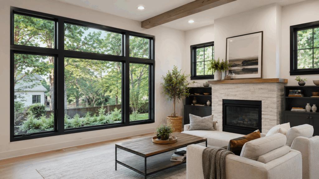 Black replacement windows framing a bright modern living room.