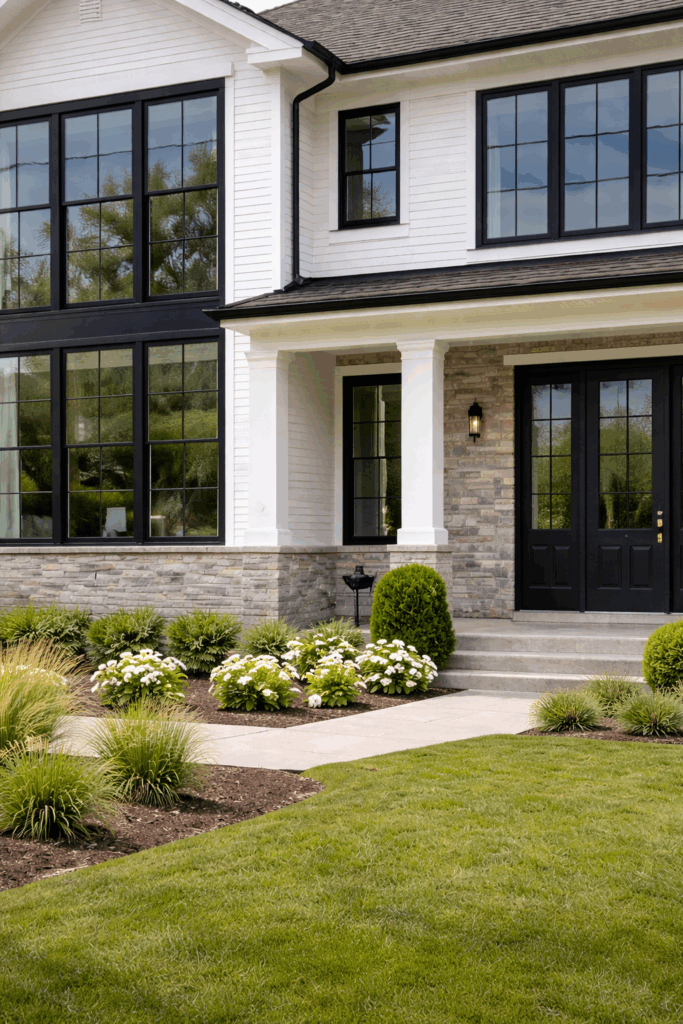 Black frame windows on a modern suburban home.