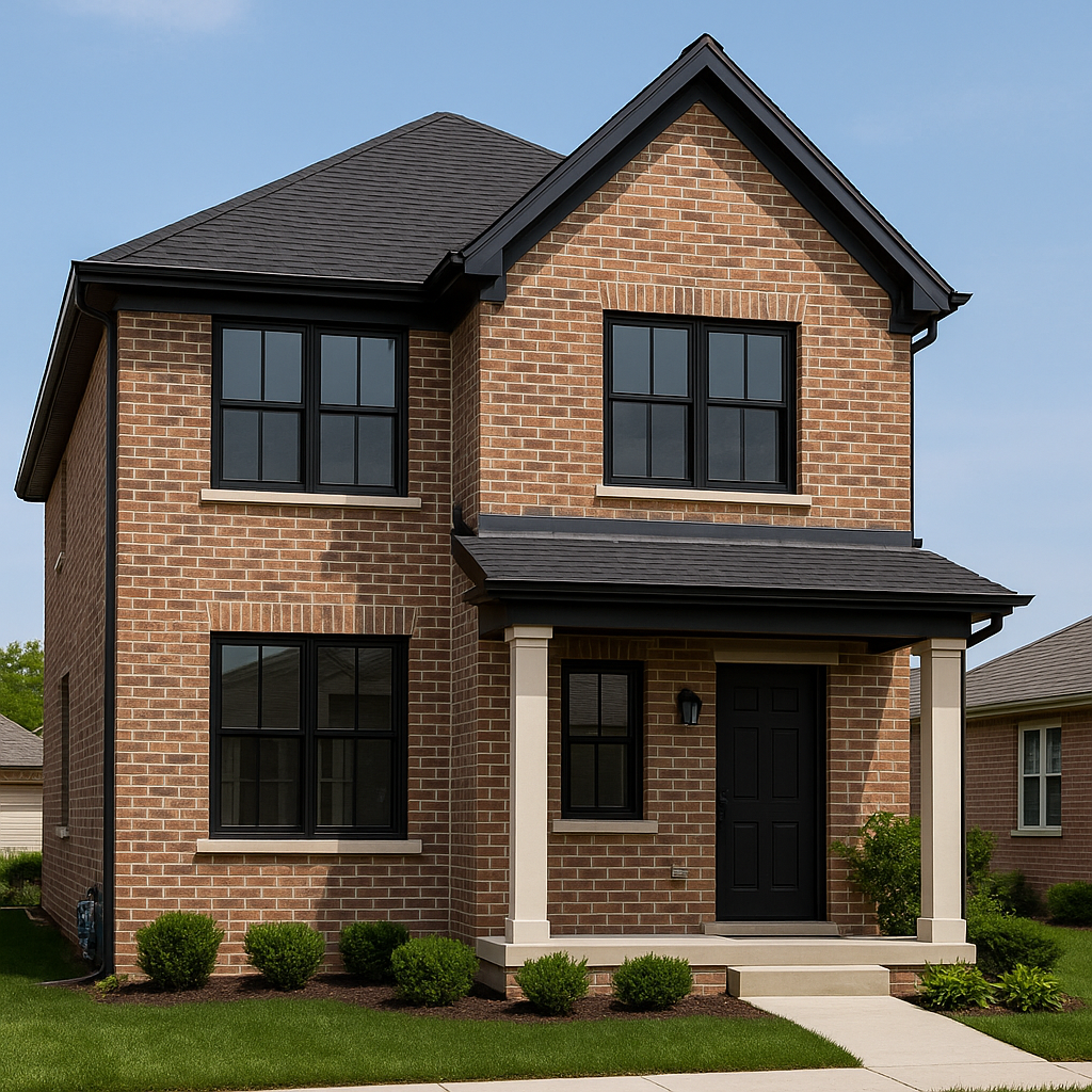 A two-story Chicago suburban brick home with sleek black window frame by Midwest Windows, Siding & Doors