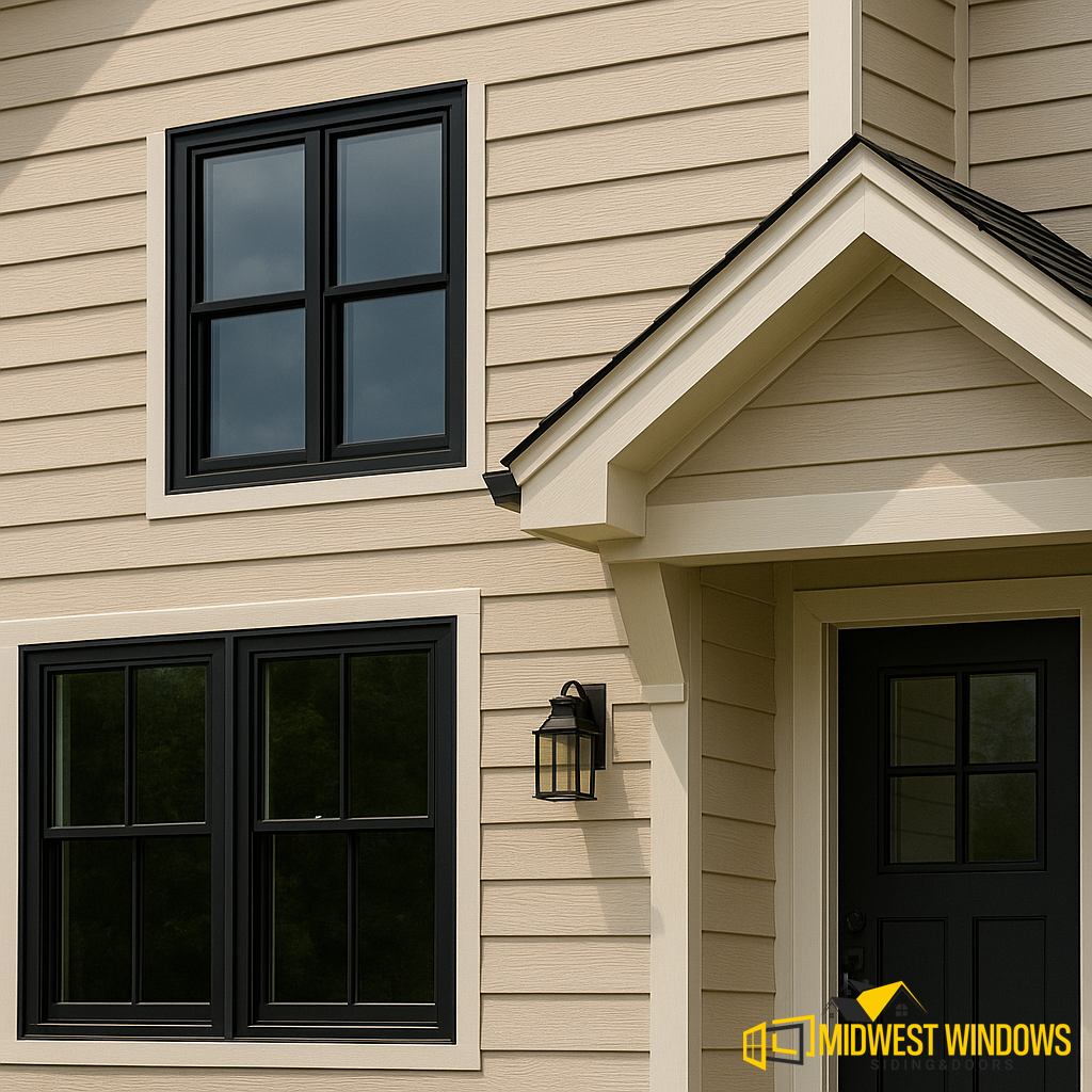 Close-up of a suburban Chicago home featuring beige siding, black-framed windows, and a black front door under a small porch by Midwest Windows, Siding & Doors