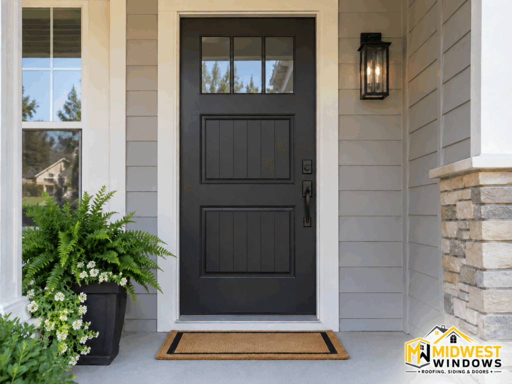 Modern black entry door on a Chicagoland home with Midwest Windows logo.