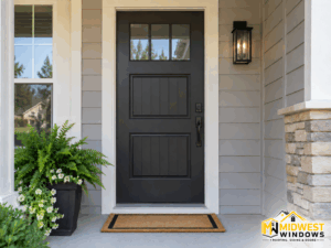 Modern black entry door on a Chicagoland home with Midwest Windows logo.