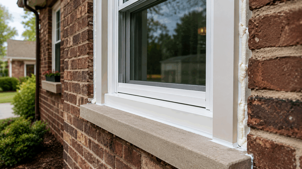New white replacement window installed in an older brick home.