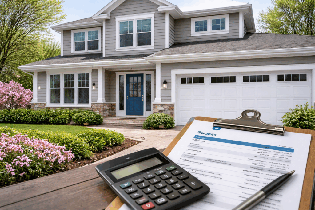Spring view of updated suburban Chicago home with new siding, windows, and blue front door, with budgeting clipboard and calculator in foreground representing exterior renovation planning.