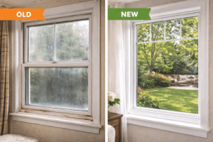Side-by-side comparison of old foggy window and new clear replacement window
