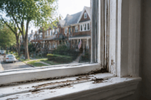 Close-up of a worn white window frame with peeling paint and visible deterioration, overlooking a quiet Chicago residential street with brick homes, trees, and parked cars in soft daylight.