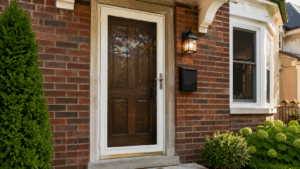 Close-up of a storm door on a brick Chicago-style home entrance.