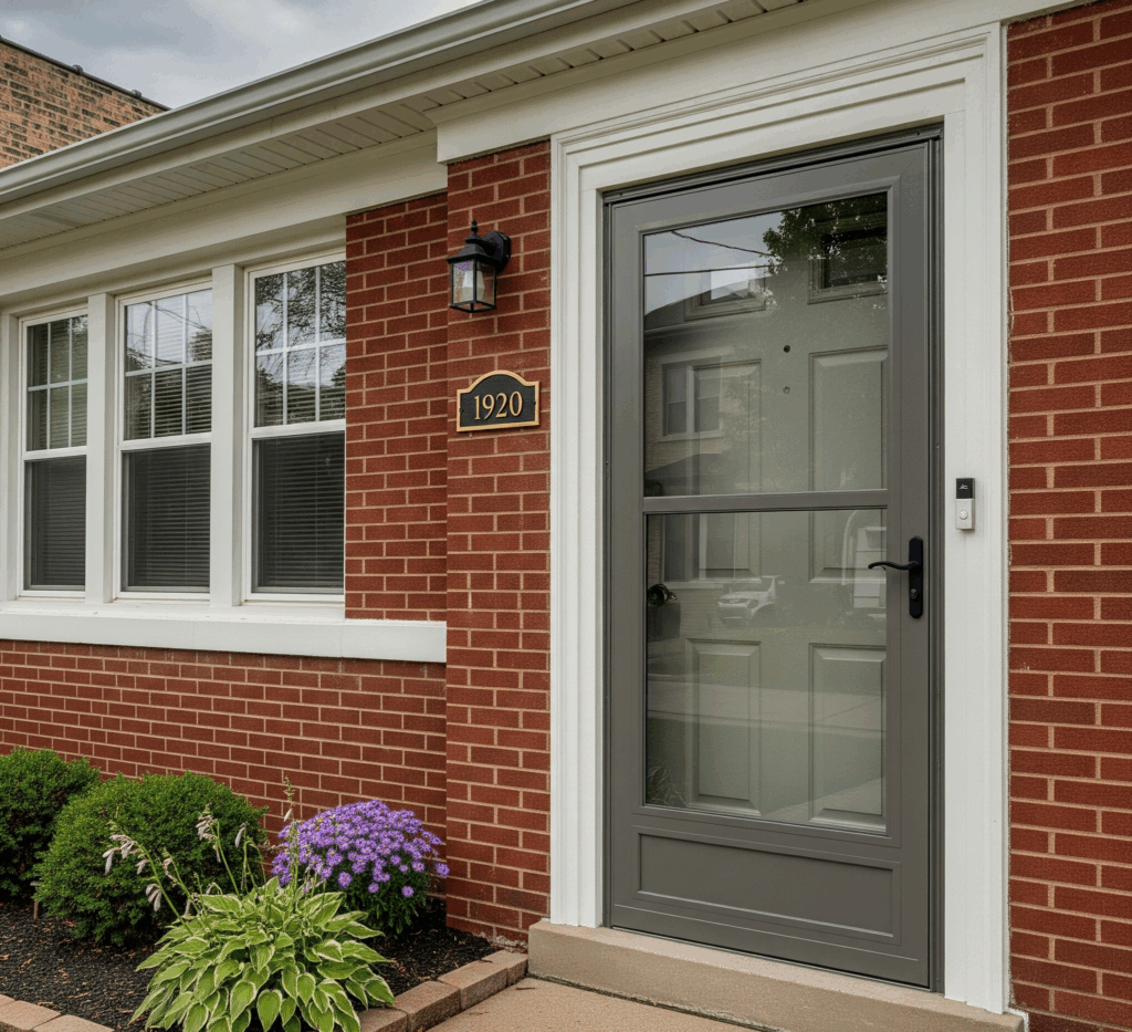 A neutral-colored storm door with a full-view glass panel on a red brick Chicago bungalow with white trim by Midwest Windows, Siding & Doors