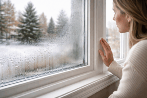 Homeowner inspecting a fogged double-pane window with condensation caused by a failed seal during winter