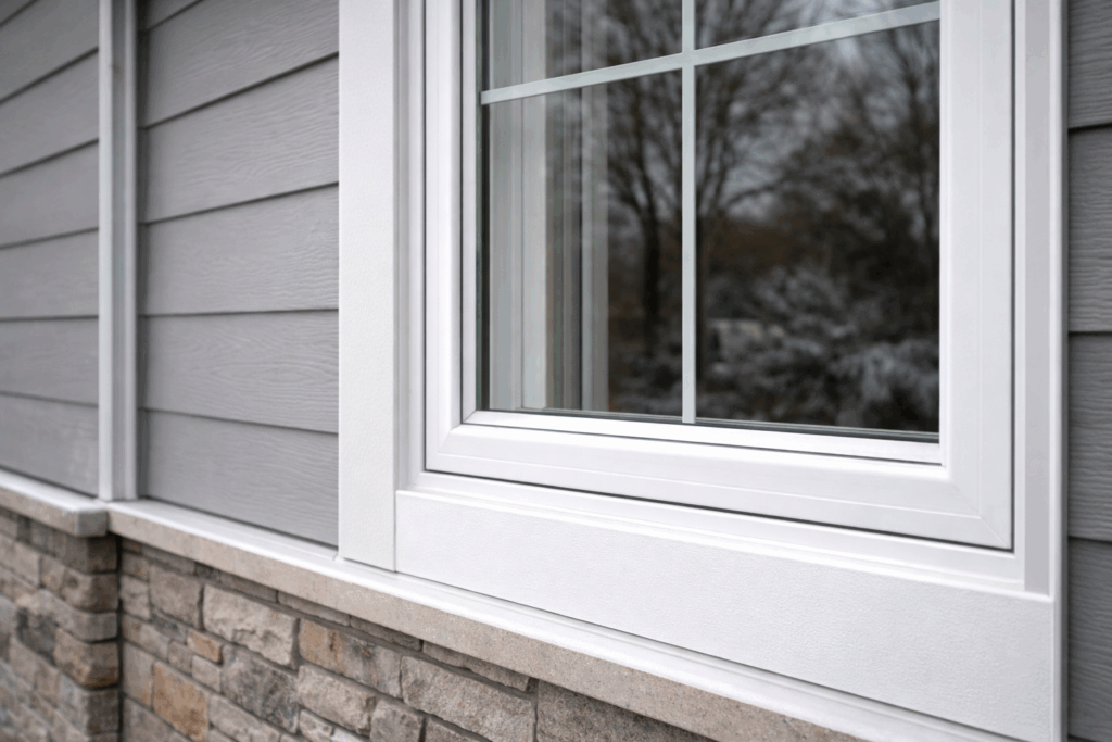 Close-up of custom-fit white vinyl replacement window installed on gray-sided Illinois home, showing tight trim, insulated glass, and precise exterior sealing.
