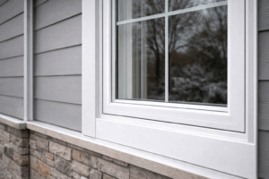 Close-up of custom-fit white vinyl replacement window installed on gray-sided Illinois home, showing tight trim, insulated glass, and precise exterior sealing.