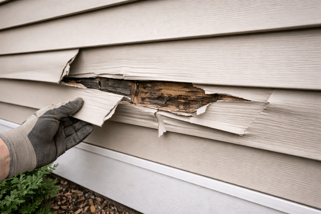 Damaged vinyl siding pulled back to reveal moisture-damaged wood beneath the exterior wall.