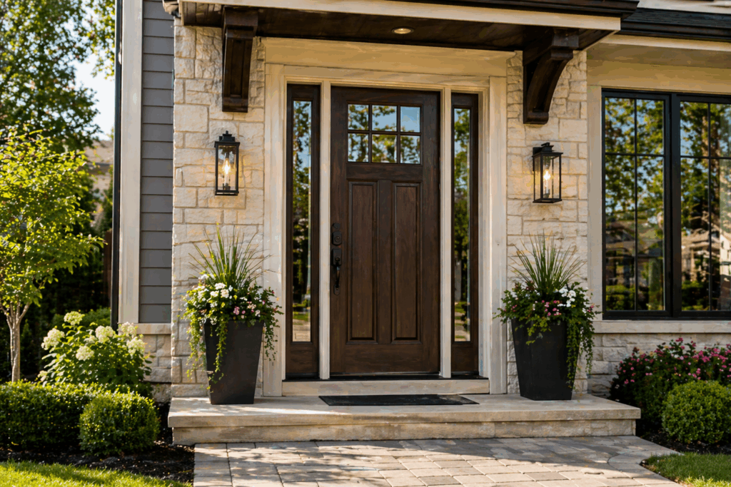 Modern front entry door on a Chicago suburban home with dark wood finish, sidelights, stone exterior, and landscaped entryway in daylight.