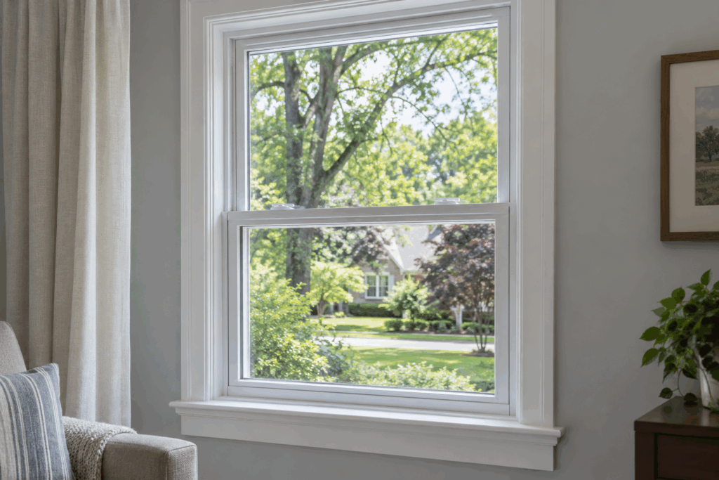 Replacement window with a clean modern frame in a Chicagoland home.