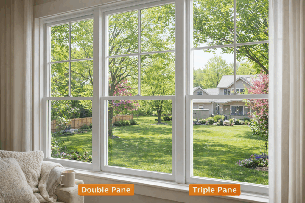 White-framed triple pane windows overlooking a bright green backyard in spring from a modern living room.