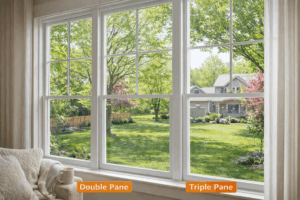 White-framed triple pane windows overlooking a bright green backyard in spring from a modern living room.