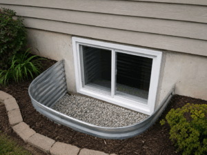 Close-up of a replacement basement egress window with a metal window well.
