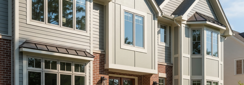 Siding, Windows, and doors on a chicago schaumburg home A multi-story suburban home with light grey siding and red brick accents, featuring numerous large windows and a double wooden front door by Midwest Windows, Siding & Doors