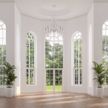 architectural windows tall Modern luxury classical style empty white room with nature view 3d render,There are wooden floors and arch shape window, overlooking green lawn and garden