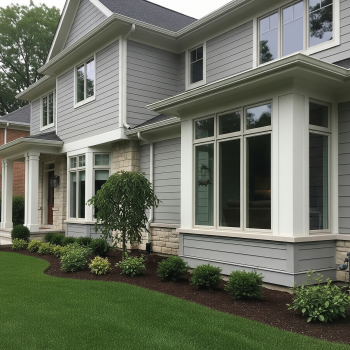 fiber cement siding A large gray home features fiber cement siding and prominent bay windows in Chicago by Midwest Windows, Siding & Doors