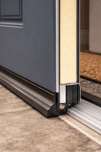 Insulated entry door with weatherstripping and threshold seal.