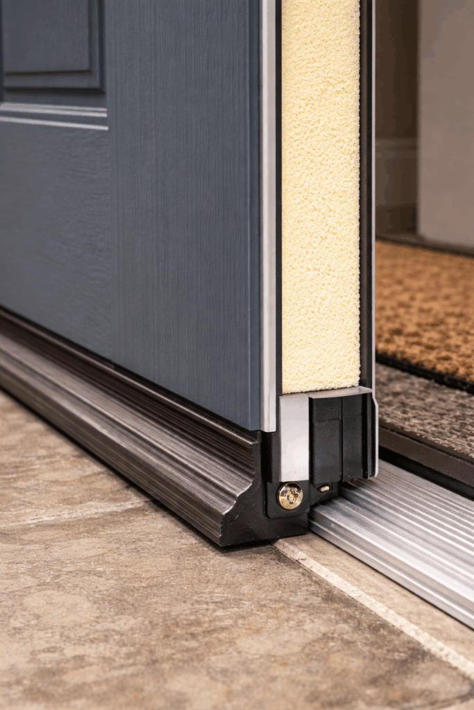 Insulated entry door with weatherstripping and threshold seal.