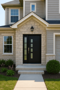 A modern Naperville, Illinois home featuring a sleek black energy-efficient front door with frosted glass panels, surrounded by light stone and gray siding by Midwest Windows, Siding & Doors.
