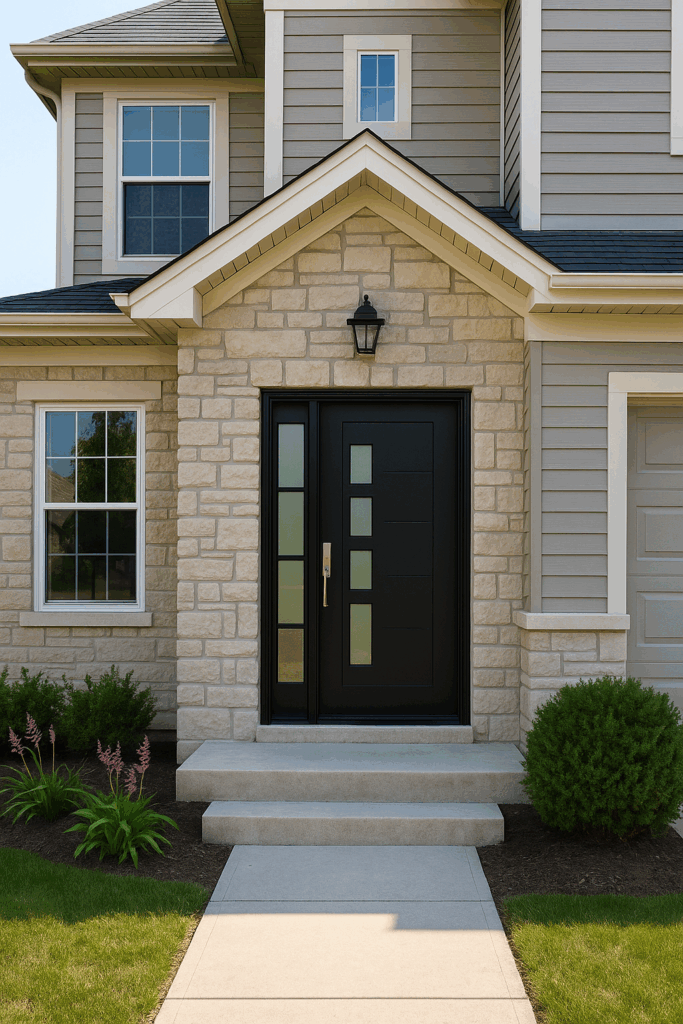 A modern Naperville, Illinois home featuring a sleek black energy-efficient front door with frosted glass panels, surrounded by light stone and gray siding by Midwest Windows, Siding & Doors.
