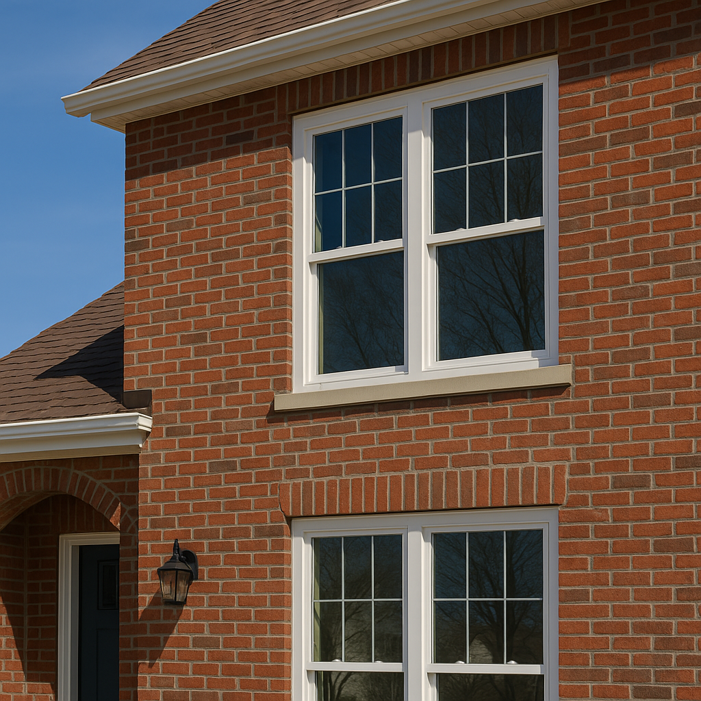 ChatGPT said: Close-up view of a brick Chicago home with newly installed white-framed, energy-efficient double-pane windows by Midwest Windows, Siding & Doors