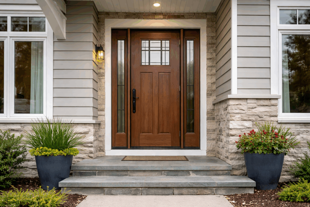 Fiberglass entry door with a wood-grain finish installed on a modern suburban home exterior.
