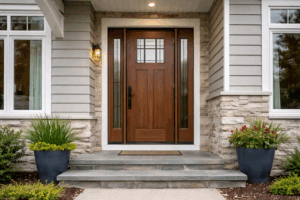 Fiberglass entry door with a wood-grain finish installed on a modern suburban home exterior.