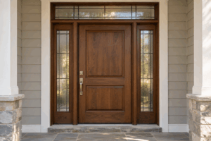 Entry door with sidelights and transom on a Chicagoland home.