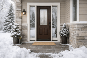 Energy-efficient front entry door installed on a home in winter