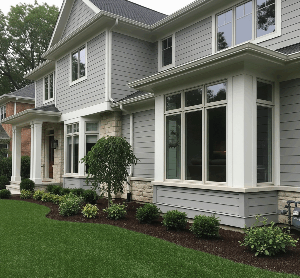 A large gray home features fiber cement siding and prominent bay windows in Chicago by Midwest Windows, Siding & Doors