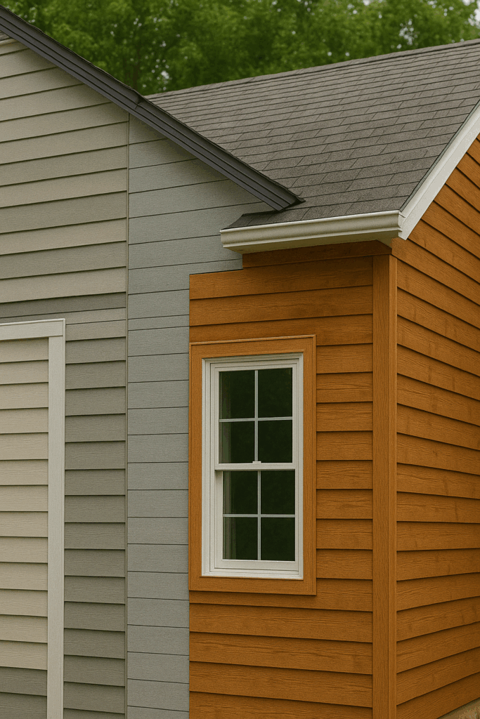 House exterior showcasing three siding types side by side—vinyl, fiber cement, and wood—for comparison by Midwest Windows, Siding & Doors