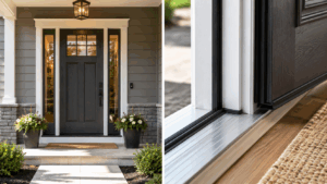 Fiberglass front entry door with glass sidelites and close-up view of the door threshold and weatherstripping.