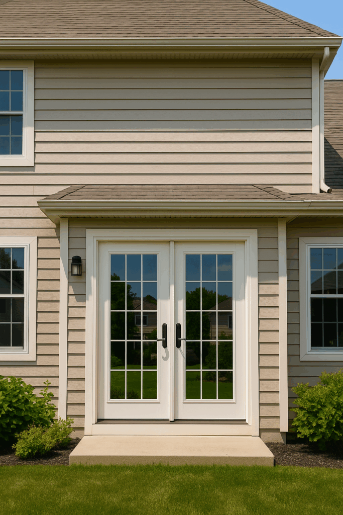 French patio doors with white frames and multiple glass panes on the back of a beige-sided suburban Chicago home by Midwest Windows, Siding & Doors