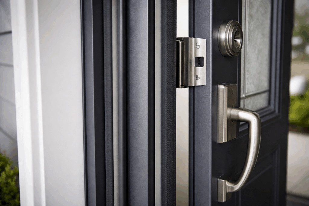 Close-up of insulated steel front door with compression weatherstripping and brushed nickel handle, showing tight energy-efficient seal in a Chicago suburban home.