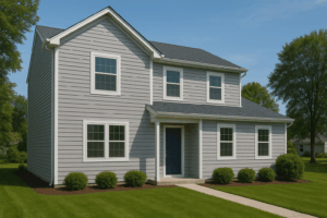 Schaumburg home with modern insulated vinyl siding in gray tone under summer light.