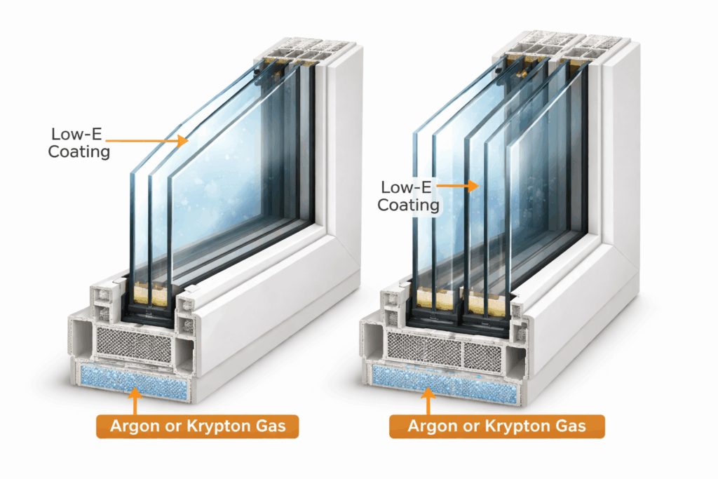 Cross-section of energy-efficient double and triple pane window with Low-E coating.