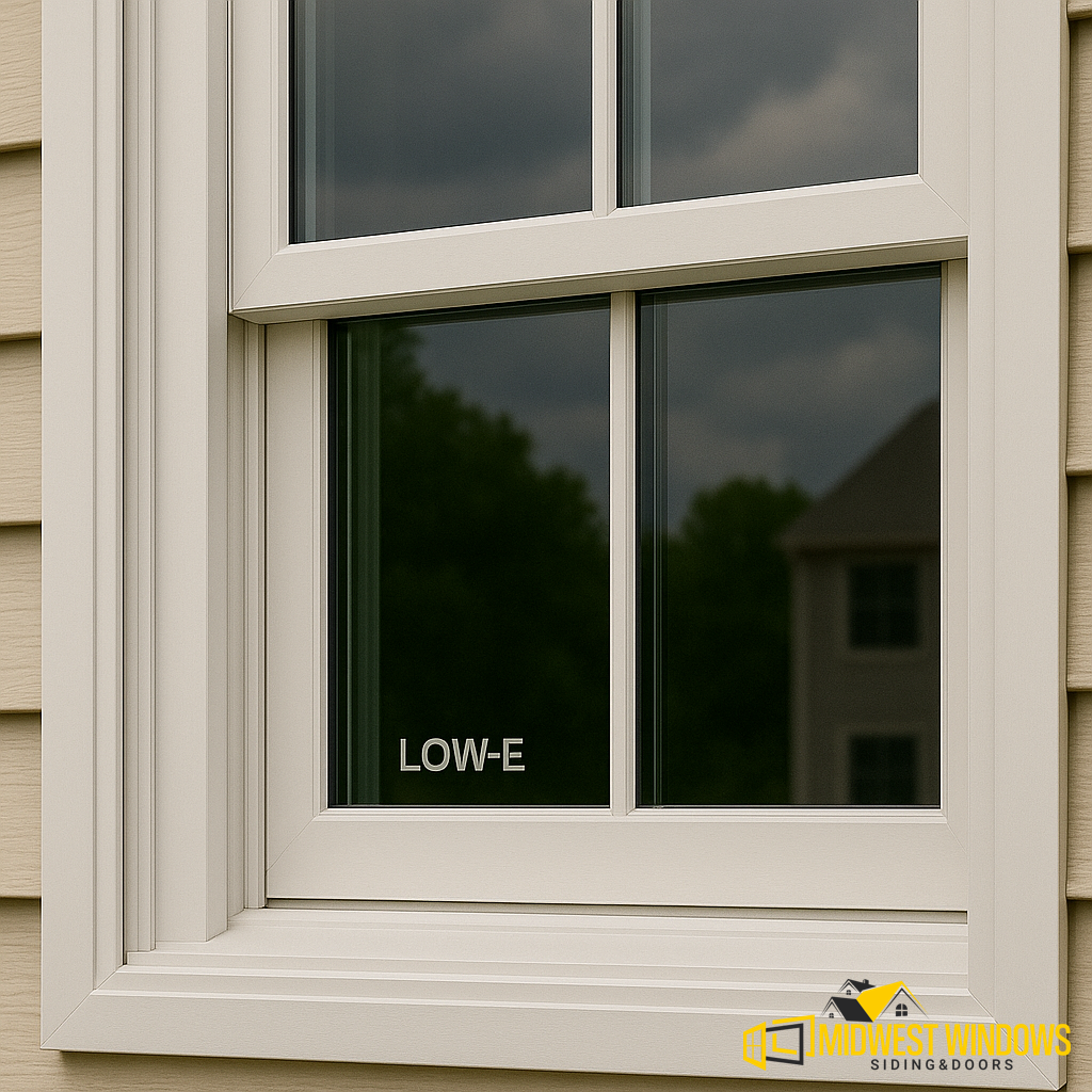Close-up of a Low-E glass window with white frames on a suburban home by Midwest Windows, Siding & Doors