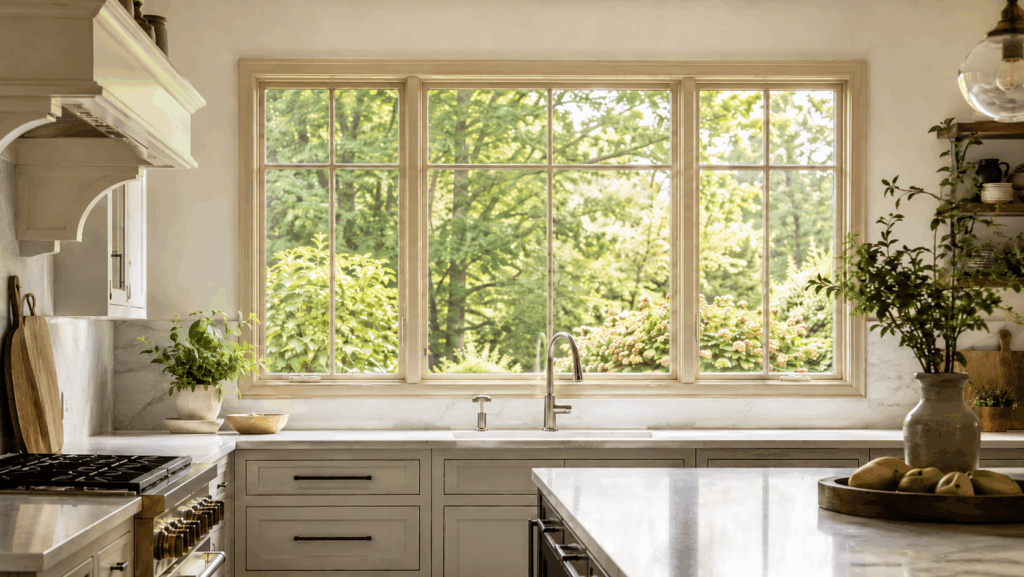 Tan-framed replacement windows above a kitchen sink overlooking a green backyard.