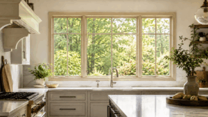 Tan-framed replacement windows above a kitchen sink overlooking a green backyard.