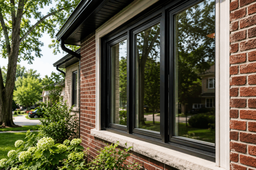 Close-up of modern replacement windows on a brick home in a Chicago neighborhood during summer by Midwest Windows, Siding & Doors.