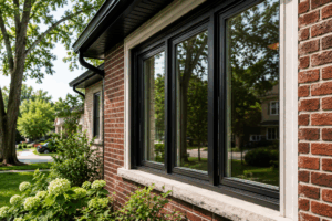 Close-up of modern replacement windows on a brick home in a Chicago neighborhood during summer by Midwest Windows, Siding & Doors.