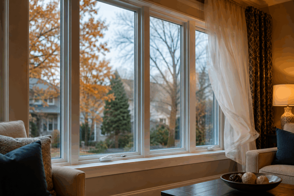 Modern replacement windows in a cozy Chicagoland home during fall.