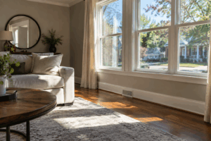 Bright living room with large replacement windows and natural sunlight.