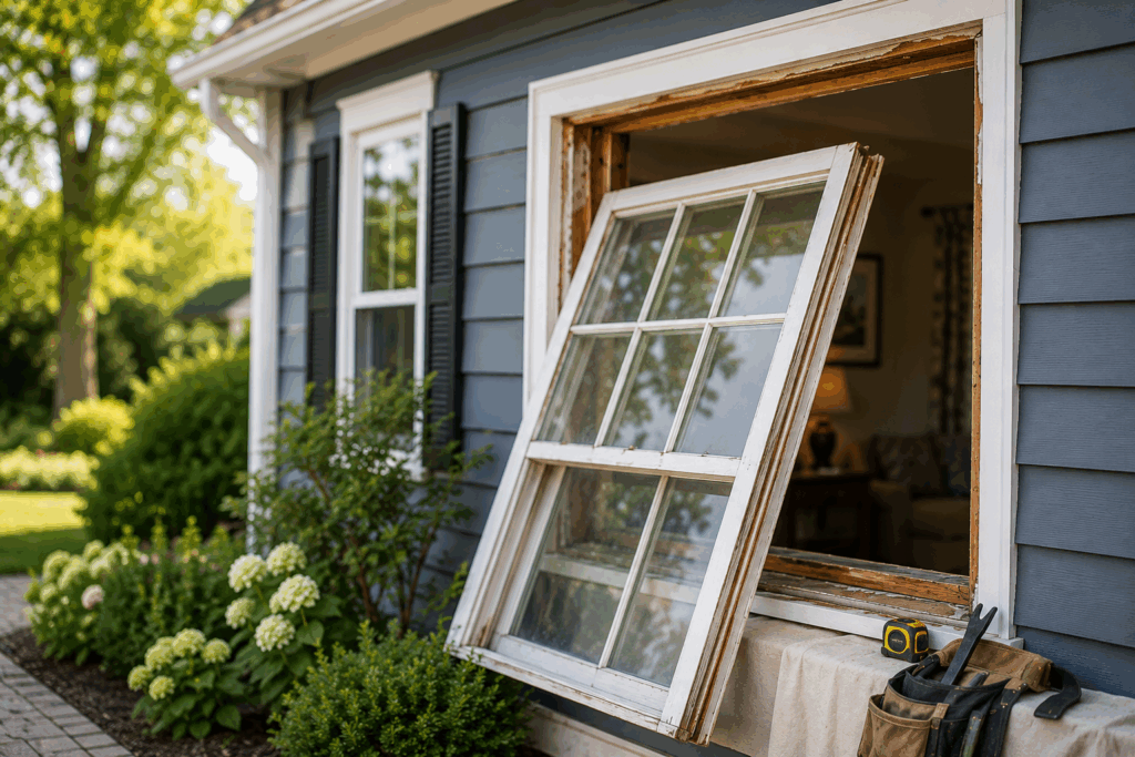 Old window removed from a Chicago-area home during a replacement window installation, with the opening exposed and ready for preparation.